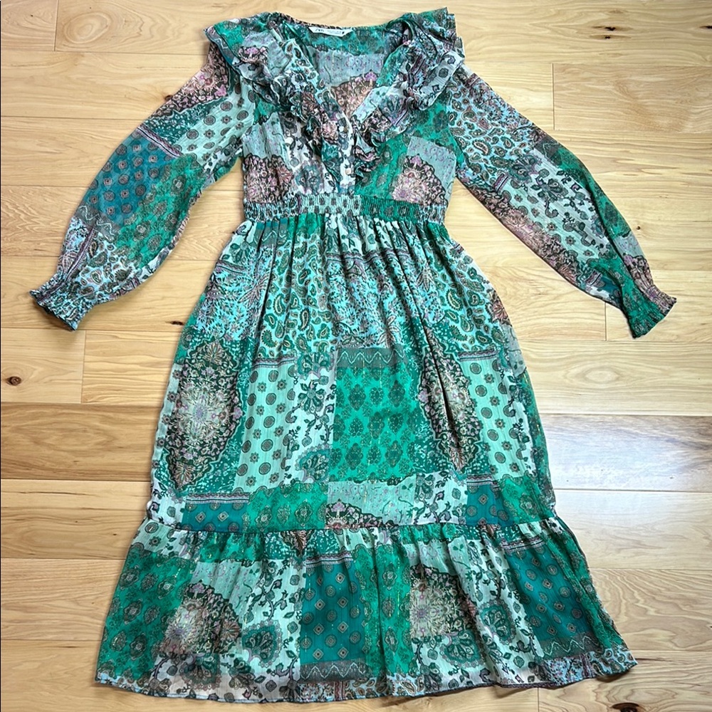 Zara Green Boho Long Sleeve Maxi Dress | Size Small